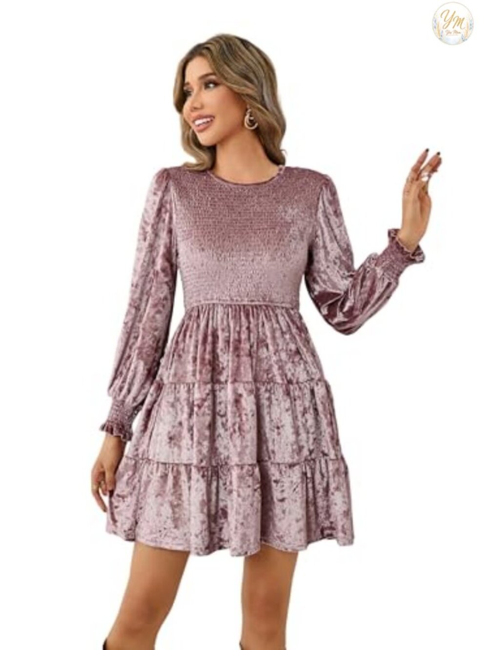 Crushed Velvet Long Sleeve Mini Dress Smocked Ruffle Tiered